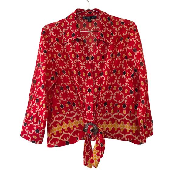 Lafayette 148 New York Red Ikat Print Button Front Blouse Women Sz 14 Tie Front - Picture 1 of 13